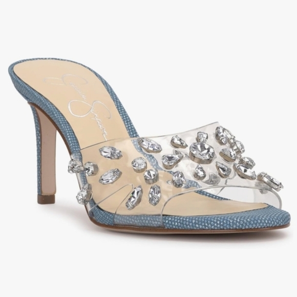 Jessica Simpson Primana clear crystal adorned denim mule heels size 10 brand new - Picture 10 of 10